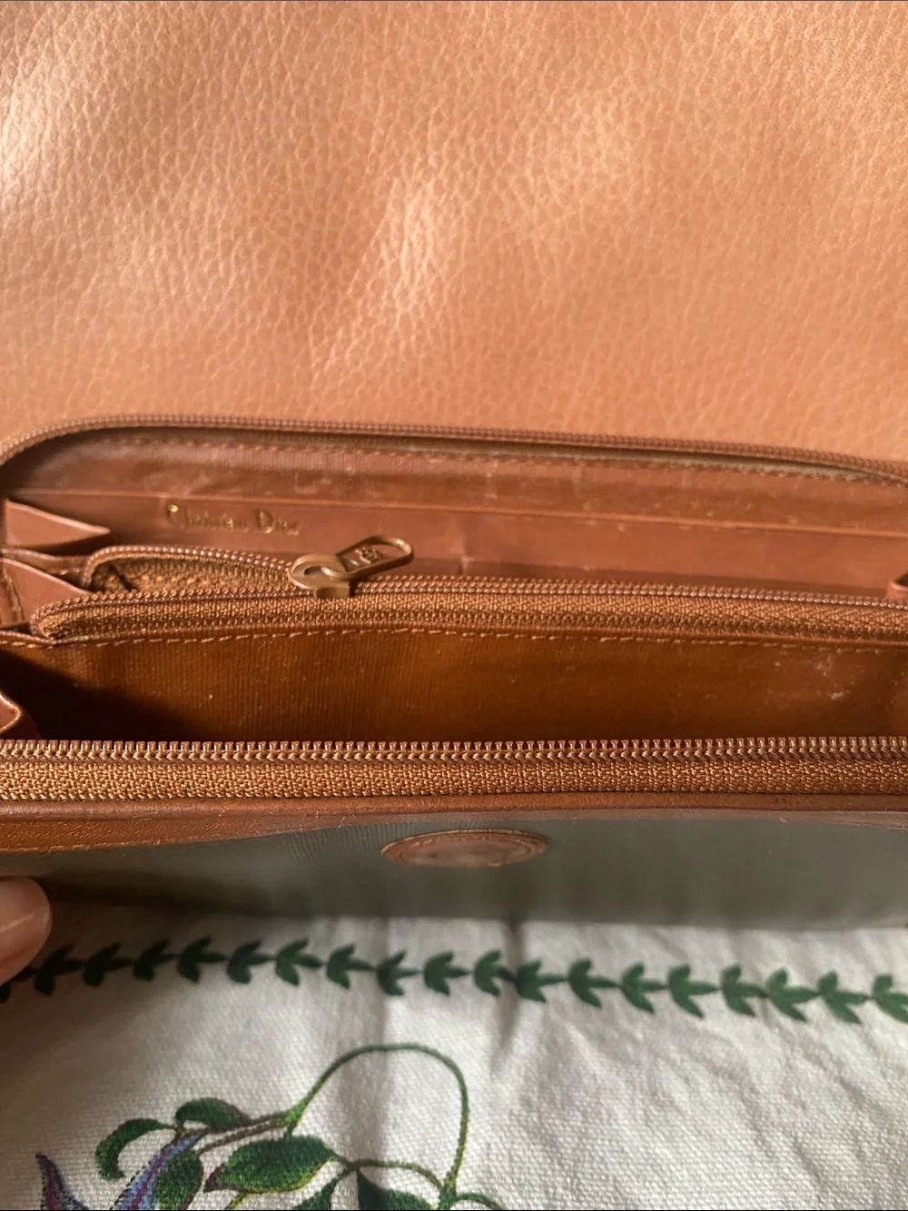 Vintage Christian Dior Vinyl Olive Green Wallet with Tan Leather Trim